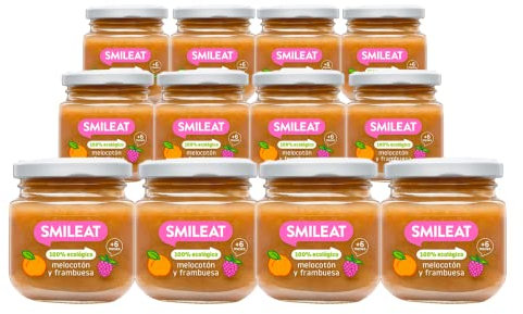 Smileat - Pack de 12 Tarritos de Frutas Ecológicas con Melocotón y Frambuesa para peques +6 Meses - Sin Azúcar Añadido, Sin Sal, Sin Leche, Sin Huevos - 130g