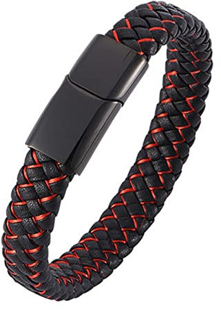 Skcess Magnetarmband Herren Schwarz，Kettenarmbänder Geflochtenes Lederarmband Im Einfachen Stil Rostfreier Stahl Leder Armband 20.5cm