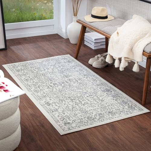 Livabliss Palermo Vintage Rug - Hallway Runner Rugs Living Room 80x150 cm - Scandi Neutral Rug, Traditional Patterned Boho Style, Natural Easy Care Pile - Hallway Runners, Ivory and Grey