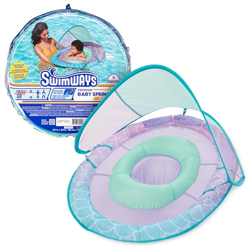 SwimWays Baby Spring Float, Baby Pool Float with Canopy, Swim Training PFD, Swimming Pool Accessories for Babies and Toddlers 9-24 Months, Mermaid