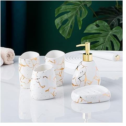Tauzveok Badezimmer Seifenspender Set Weiß, Inklusive Keramik Seifenspender, Seifenschale Und 2 Zahnputzbecher, Zahnbürsten-Halter, Goldene Marmor-Muster,5-Teilig Set,
