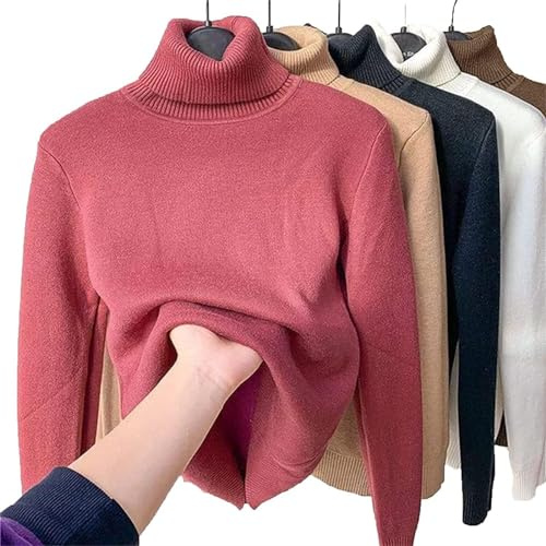 JOCCOS Maglia invernale con fodera in pile, maglione da donna con collo alto e filato grosso, casual, maglione termico con fondo sottile e morbido, rosso, XL(58-63kg)