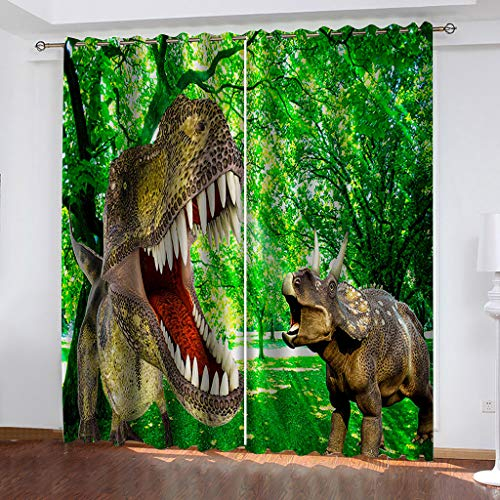 MAYNUO Blickdichte Vorhänge Mit Motiv 3D Grüner Wald Dinosaurier Kinder Gardinen Blickdicht Ösen Gardine Thermo 264x214 cm Schlafzimmer Kinderzimmer Vorhänge Dekoratives Muster, Verdunklungsvorhänge