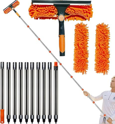 20+ Foot Reach 2 in 1 Window Washing Squeegee with 3-13 ft Support & Free Installation Extension Pole - Window Cleaning Tool for Home Indoor & Outdoor Use