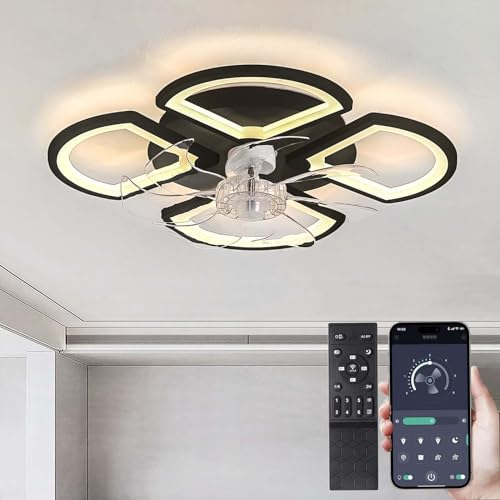 Φ50cm Ceiling Fans with Lights and Remote Modern Black Ceiling Fan Light, Create Flower Patterns, Dimmable LED Fan Light, Timing 6 Speeds Silent Reversible DC Motor for Bedroom, Dining Room