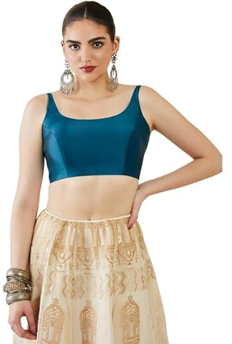 Fashnkart Indian Women's Satin Silk Stitched Sleeveless Solid Plain Blouse Readymade Ethnic Tunic Choli Scoop Neck, Back Open Teal