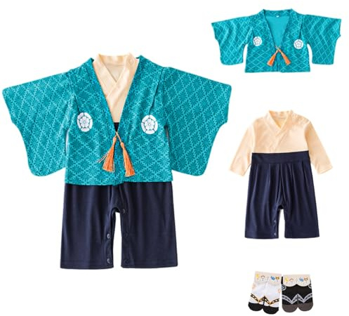 YOOCHUENG Japonés Kimono Bebe Niño Conjunto Cultural de Algodón de Manga Larga para Bebés Niños,Estilo Tradicional con 2 pares de Calcetines