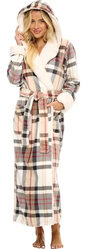 Alexander Del Rossa Sherpa-Bademäntel für Damen, lang, Damen-Bademantel mit Kapuze, Winter-Bademantel in Übergröße, Designer-Karo mit cremefarbenem Muster, Large