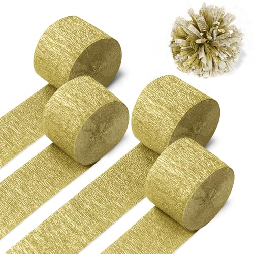 Larcenciel Serpentinas de Papel Crepé Dorado 4 Rollos 25M, Serpentinas Metálicas para Decoración de Fiesta, Navidad, Cumpleaños, Boda, Graduación