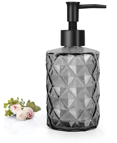 Glas Seifenspender Schwarz Pumpflasche,11oz Seifenspender mit Kunststoff Pumpkopf, Nachfüllbarer Handseifenspender für Küche Badezimmer 1 Stück, Duschgel Shampoo Spender