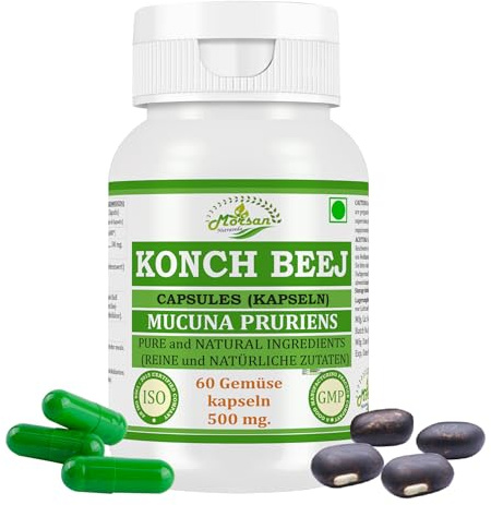 Konch Beej-Kapsel 500 mg. 60 Veganer. Einheiten | Konch Beej (Mucuna Pruriens) Extrakt-Kapseln für Männer und Frauen | Ayurvedische Kräuterergänzung | 10:1 Stärke (1 Flasche mit 60 Kapseln)