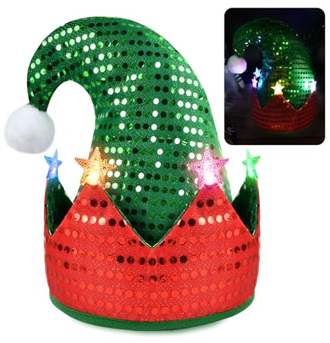 EKKONG Wichtelmütze LED Elfenmütze Weihnachtself Mütze mit Licht Elfenhut Wichtel Mütze für Weihnachtsfeiern, Rollenspiele, Bühnenaufführung