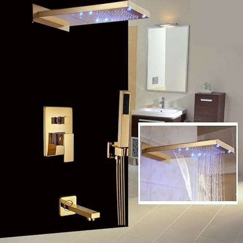 Grifo de ducha LED de lluvia, montaje en pared de baño, ducha en T de latón, grifo mezclador dorado, ducha de mano de plástico(Model A)