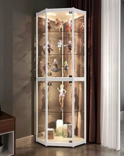 Eckvitrine aus weißem Glas mit LED-Lichtern, verstellbare Regale, 2 m hoch, Curio-Schrank für Büro oder Schlafzimmer, Aufbewahrung