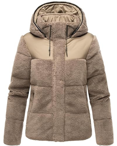 MARIKOO Damen Teddy-Fleecejacke warme Übergangsjacke gesteppte Plüschjacke in angesagtem Materialmix mit Kapuze Kaguraa 16 XS-XXL