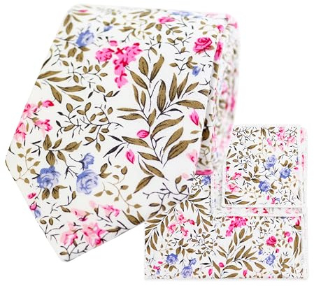 THE GENTS LAB Juego de corbata para el cuello y pañuelo de bolsillo 100% algodón con estampado floral y extremo de diamante, Rosa fucsia, Length: 145cm Width: 6cm