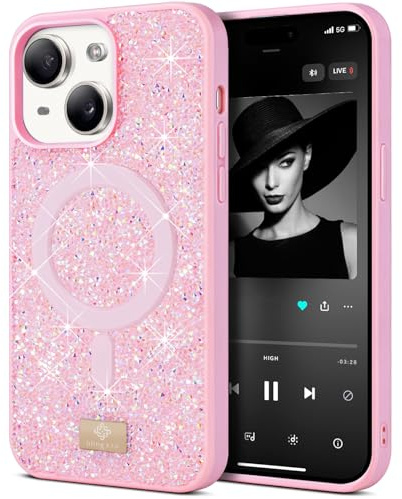 BEZ Cover Magnetica per iPhone 15 Plus, [Compatibile con MagSafe], Custodia Scintillio Glitter per della serie Bling & Co., Cover Protettiva Sparkle Diamond Crystal Bling Case, Rosa