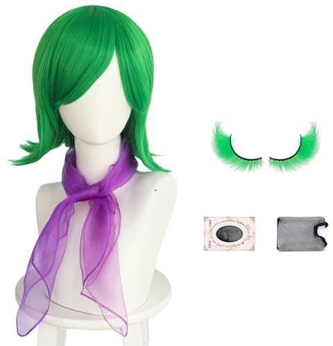 Pwsap Vert Court Lâche Perruque pour Déguisement Femme avec Faux Cils Foulard Perruque Bonnet pour Halloween Carnaval Noël Cosplay Anniversaire Mardi gras Fête à Thème
