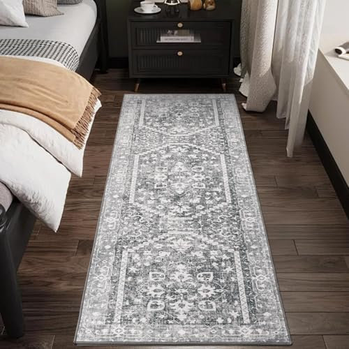 TUKDAK Teppich Läufer für Flur 60×180cm, Graue Waschbar Küchenteppich rutschfest Gummirücken, Vintage Faxu Wool Läufer Lang für Eingang Matte Klage für Waschküche Büro Badezimmer