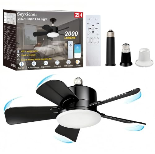 Socket Ceiling Fans with Lights and Remote, Fits E27/B22 Socket Fan light | APP Control 2000LM Dim, Ceiling Fan with 2 Extension Rods & Mounting Base, Quiet Light Bulb Fan for Bedroom, Kitchen,Bathroom
