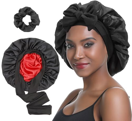 SENGTERM Satin Hair Cap, Women's Double-Sided Silk Hood with Elastic Tie Band for Curly Hair, Night Hat (Black & Wine)
