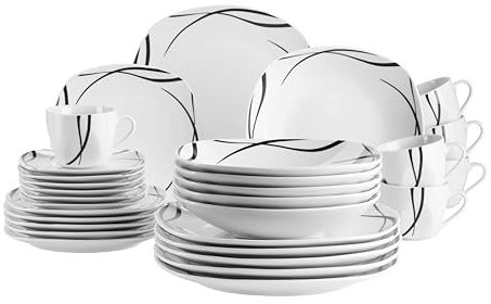 MÄSER Serie Decora, set di stoviglie per 6 persone, servizio combinato da 30 pezzi, forma quadrata, elegante, senza tempo, porcellana