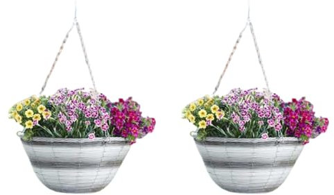 Garden Mile Garden Hanging Flower Basket 14'' Rattan Effect Plant Holder Outdoor Plant Pot Planter with Hanging Chain Wicker Basket Planter Pre- Lined for Easy Planting (2)