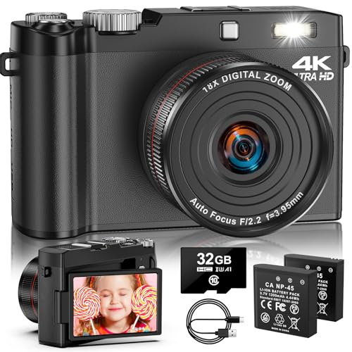 4K Digitalkamera - 64MP Autofokus Vlogging Kamera, One-Touch Makro & 18X Digitalzoom, 2.8“ 180° Flip Screen Kompaktkameras für Anfänger & Erwachsene, inkl. 32GB SD Karte & 2 Batterien