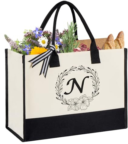 Miokok Personalisierte Leinentasche, Strandtasche für Frauen, Geburtstagsgeschenk, Hochzeitsgeschenk für Mutter, Lehrer, Freunde, Krankenschwester, Schwarz-Weiß, Large