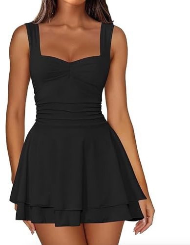 XFSRG Vestito Donna Senza Maniche con Scollo Quadrato Estivi Orlo a Volant Sexy Elegante Miniabito per Cocktail Party(Nero/M)