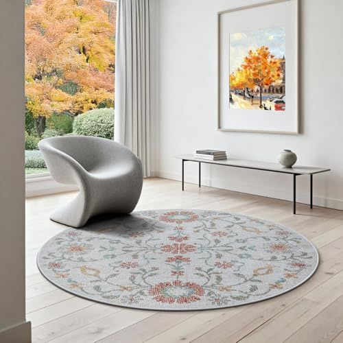 the carpet Palma - Outdoor Teppich wetterfest – Balkon Teppich, Terrasse & Garten – UV-beständig, pflegeleicht, Indoor Outdoor Teppich, Mehrfarbig, Creme, 120 cm Rund