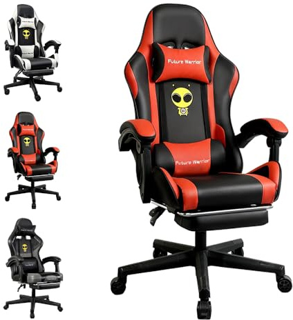 Future Warrior Ergonomischer Gaming-Stuhl mit Fußstütze, Kopfstütze und Lendenwirbelstütze Höhenverstellbarer gepolsterter Gaming-Stuhl PC-Sessel Drehstuhl Schwarz (Schwarz-rot)