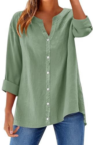 Rapbin Chemisier ample à manches longues en coton avec col en V pour femme, vert sauge, L