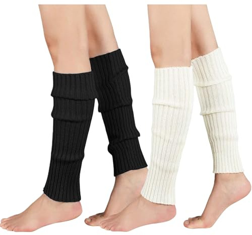 2 Pairs Black and White Leg Ankle Warmers Ladies,Legwarmers,Warmer for 80s Y2k Ribbed Knit for Women Girls Fashion for Ballet Yoga Dance Ice Skating Accessories Winter Boot Cuffs Crochet Stocking