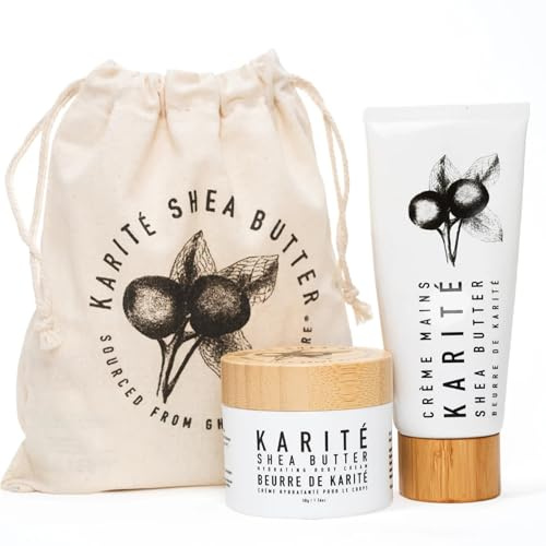 Karité Shea Butter Gift Set – Hydrating Body Cream + Nourishing Hand Cream with Shea Butter – Dermatologist-Formulated, Hypoallergenic, Natural Moisturizing Skincare Duo with Travel Pouch