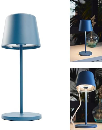 NCC-Licht LED Akku Tischlampe kabellos Blau matt, warmweißes Licht, stufenlos dimmbar, IP65 für innen & außen, aufladbar mit USB-Kabel