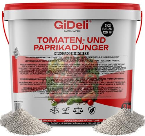 GiDeli Tomatendünger 3 kg Granulat, Paprika Gemüsedünger Chloridarm NPK | mittlere Menge für das Gemüsebeet, langsam wirkende Nährstoffe, sauber dosierbar aus dem Eimer, kräftiges Fruchtgemüse