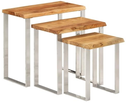 RuiNingRN Nesting Tables with Tree Edge, 3-Piece Made of Solid Acacia Wood, Powder-Coated Steel Legs, Side Table Set for Living Room, Hallway, Coffee Table, Storage Table, Stable and Durable