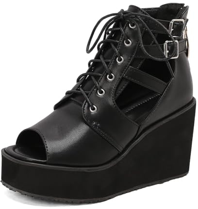 Genérico Sandalias de Cuña para Mujer Plataforma Punta Abierta Botines con Cordones Tacón 9.5cm Zapatos Estilo Góticos