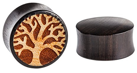 Plug Holz Jackfrucht Sonoholz ocker dunkel braun Baum des Lebens Gravur Piercing Lobe | Flesh Tunnel Earplug Herren Damen unisex Ohrring | Expander Dehner Ohr Schmuck double flared Plugs 20 mm