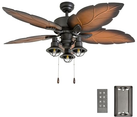 Prominence Home Ocean Crest 52 Tropical Ceiling Fan with Light and Pull Chain, Bronze - Large Indoor and Outdoor Electric Fan with 3 Mounting Options, 5 Blades, and 3-Speed Reversible Motor