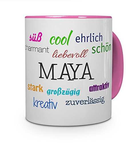 printplanet Tasse mit Namen Maya - Positive Eigenschaften von Maya - Namenstasse, Kaffeebecher, Mug, Becher, Kaffeetasse - Farbe Rosa