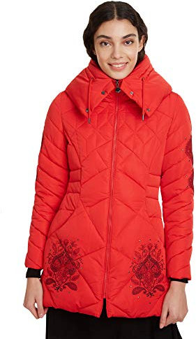 Desigual Women's Red Padded Suluk Coat with Funnel Neck & Hood 42