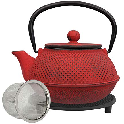 teeblume | gusseiserne Teekanne Arare | Gusseisen-Teekanne mit Sieb | inkl. gratis Untersetzer in schwarz | Teekessel innen komplett emailliert | japanisch-rot | 900ml