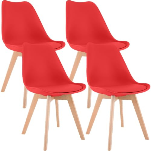 CLP Esszimmerstuhl 4er Set gepolstert Linares, Küchenstühle mit Rückenlehne und Holzgestell Buchenholz, Polsterstühle mit Bodenschonern Farbe rot Material Kunststoff