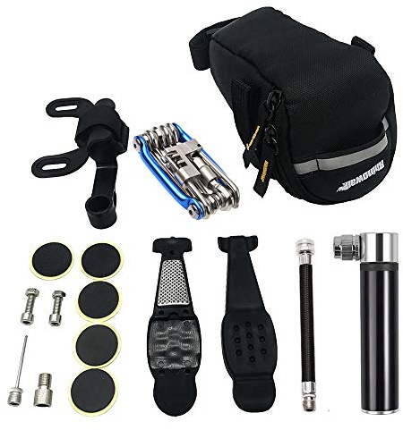 Bike Tire Repair Kit and Mini Bike Pump - for The Presta and Schrader Glueless Puncture Repair Kit (Up to 120 PSI) for Road Mountain Bikes and BMX Bikes with Bike Tail Bag