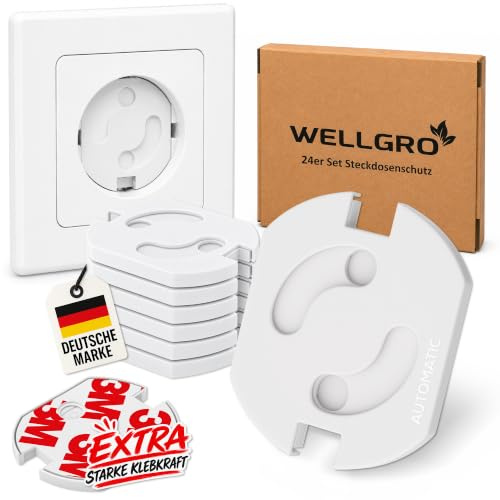 WELLGRO 24x Steckdosenschutz Kindersicherung für Steckdosen | mit Drehmechanik, selbstklebend mit 3M Klebeband, weiß, für alle gängigen Schuko Steckdosen