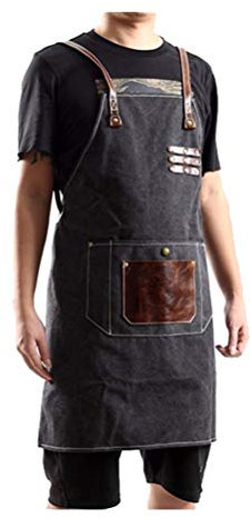 YJKJ Delantal De Trabajo, Delantal De Protección, Retro Lona Lavada | Correa Cruzada Ajustable | Delantal De Tienda Multiusos con Bolsillo para Herramientas,Negro