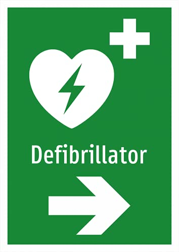 Schild: Hinweisschild Defibrillator mit Pfeil nach rechts - A4, 297x210mm, einseitiger Druck | Aluverbundschild