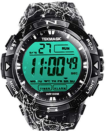 TEKMAGIC Herren Jungen Armbanduhr Schwimmen Tauchen 10 ATM Wasserdicht mit Stoppuhr-Funktionen, Chronograph, Wecker und Dual-Zeitzonen-Anzeige, Format 12/24 Stunden wählbar, Military